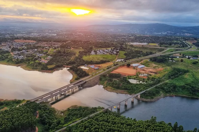 Sunset aerial view of Tzaneen Dam and bridges in Limpopo
