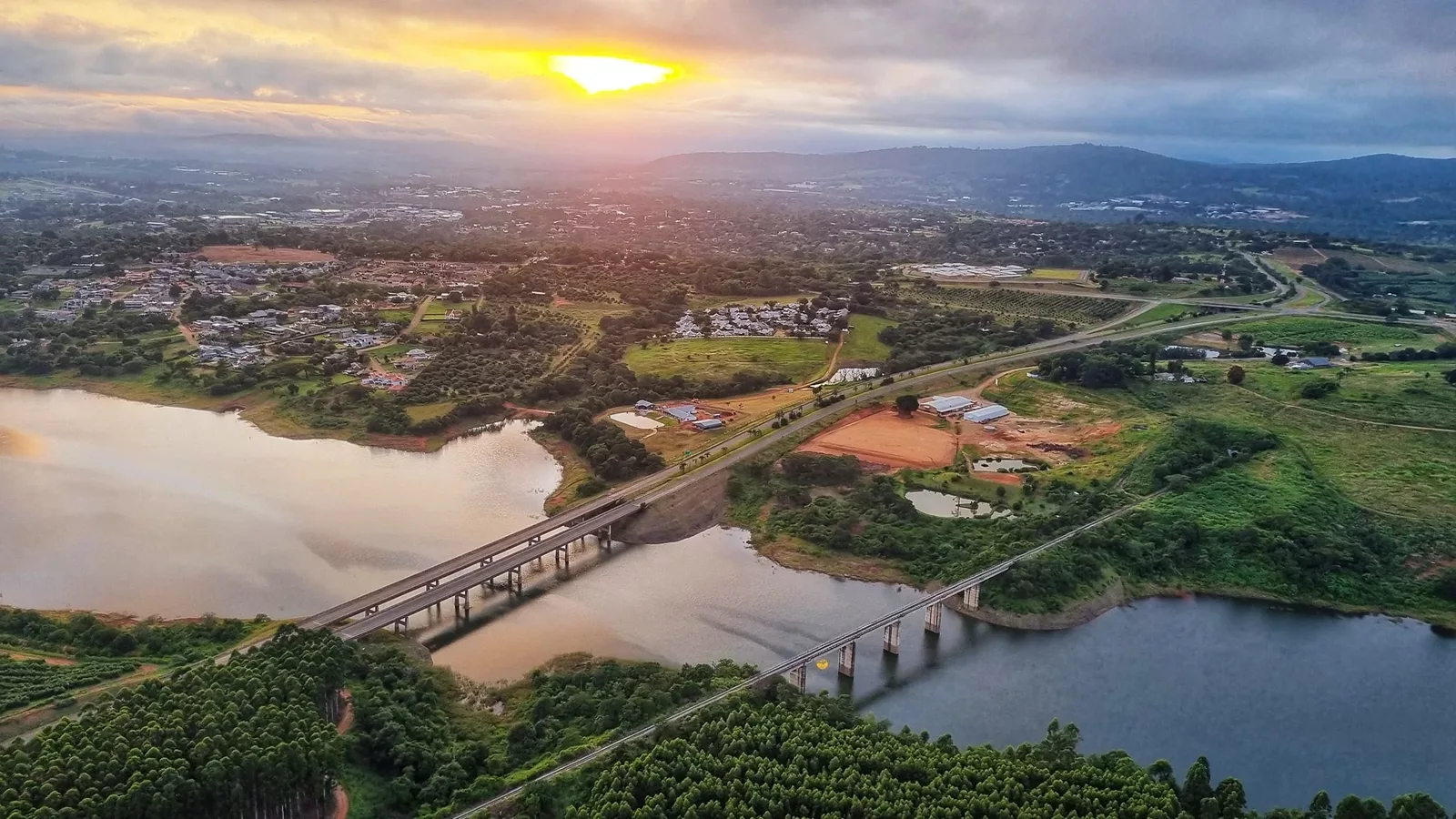 Sunset aerial view of Tzaneen Dam and bridges in Limpopo