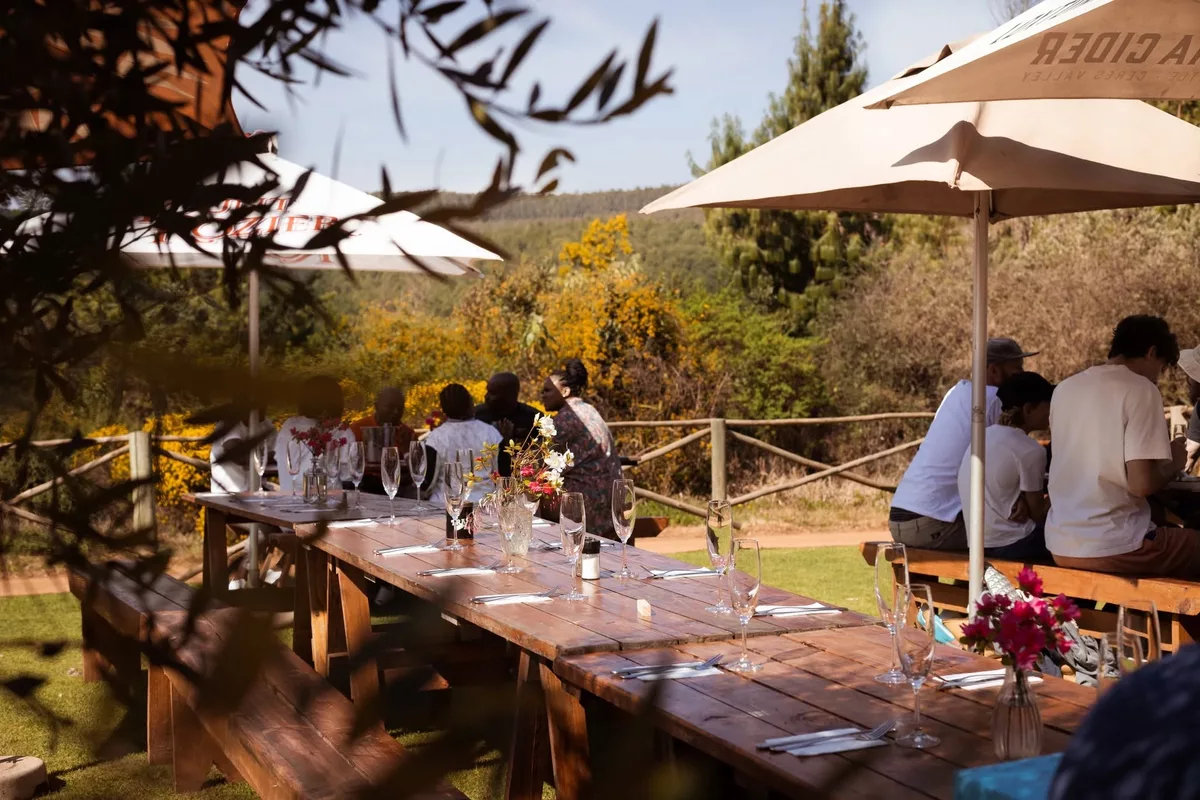 Outdoor dining deck at zwakala brewery in Magoebaskloof