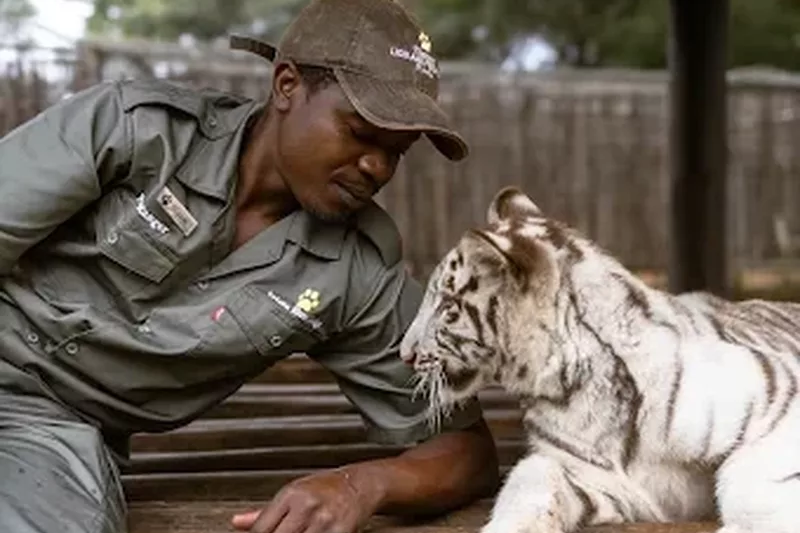 Keeper with white tiger at letaba river lodge and predator park near Tzaneen