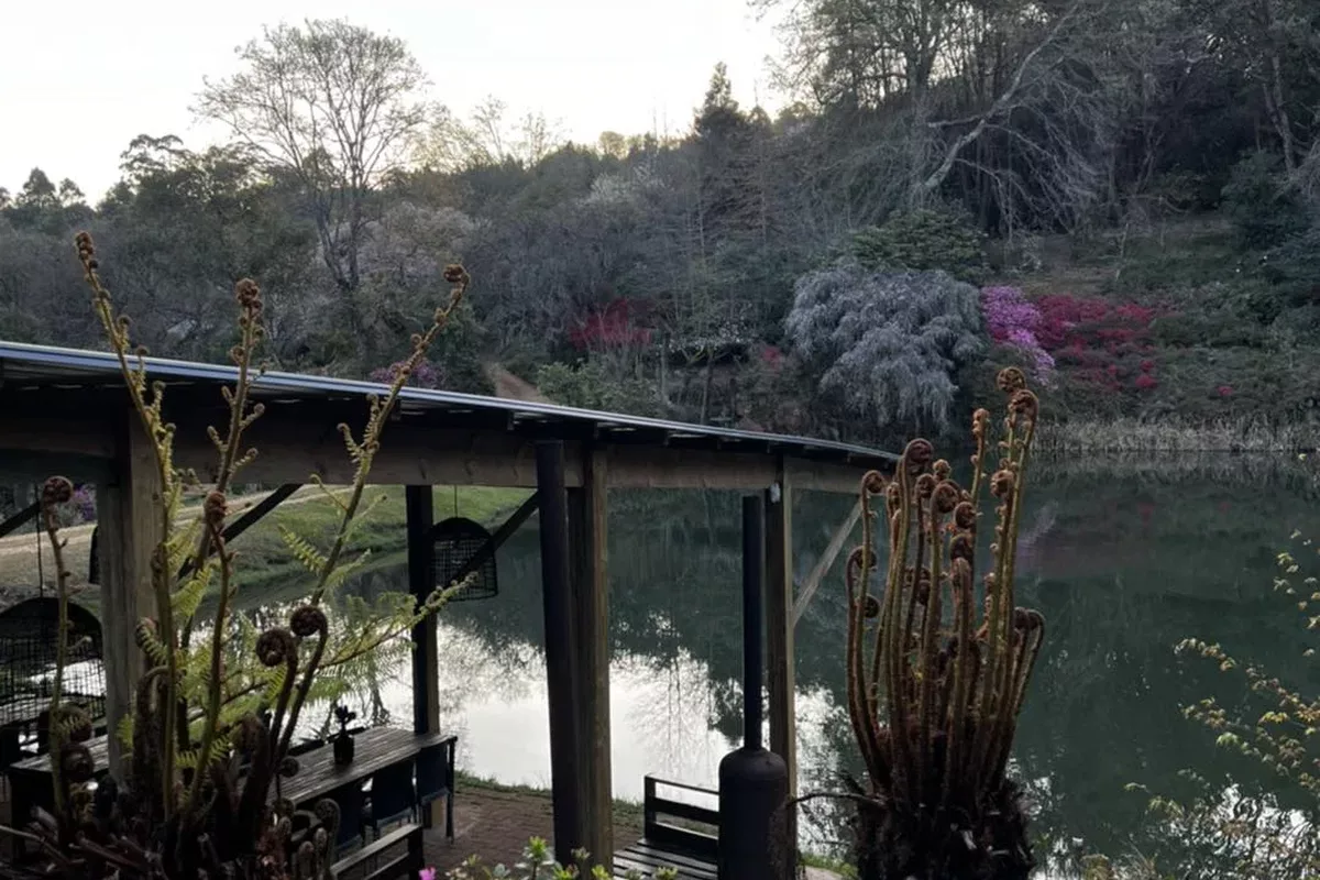 Covered garden gazebo beside the water at Cheerio Gardens in Magoebaskloof